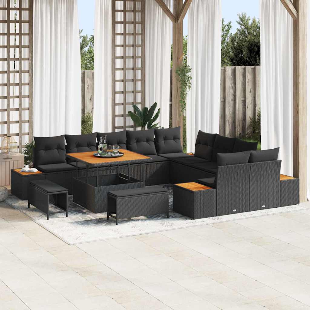 vidaXL Garten-Sofa-Set mit Kissen 13 pcs Schwarz Poly Rattan