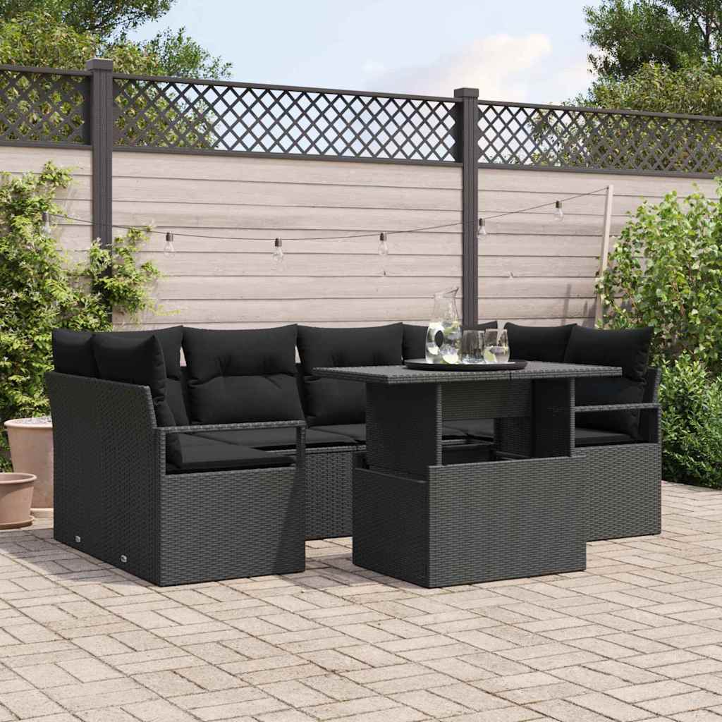 vidaXL Sofa Set mit Kissen 7 pcs Schwarz Poly-Rattan