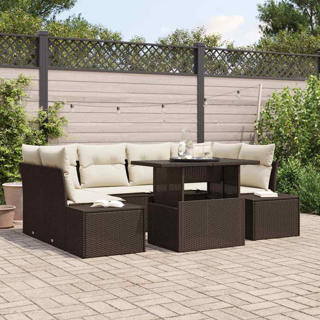 vidaXL Sofa Set mit Kissen 7 pcs Braun und Creme Poly-Rattan