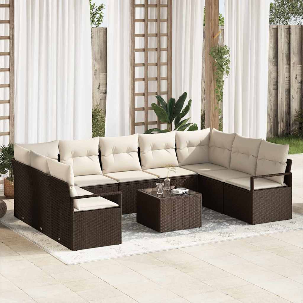 vidaXL Sofa Set mit Kissen 10 pcs Braun und Creme Poly-Rattan