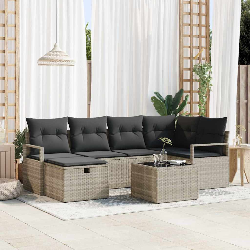 vidaXL Sofa Set mit Kissen mit Speicher 7 pcs Hellgrau Poly-Rattan