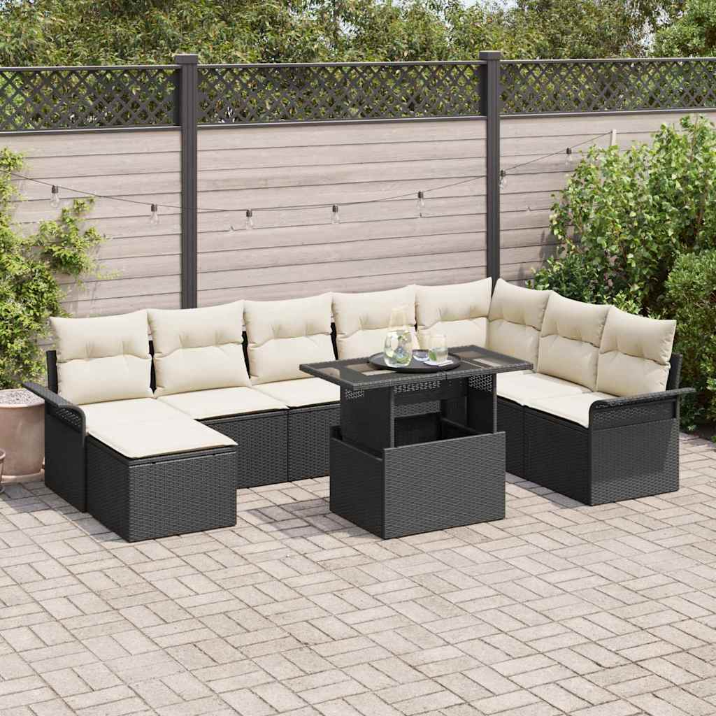 vidaXL Sofa Set mit Kissen 9 pcs Schwarz Poly-Rattan