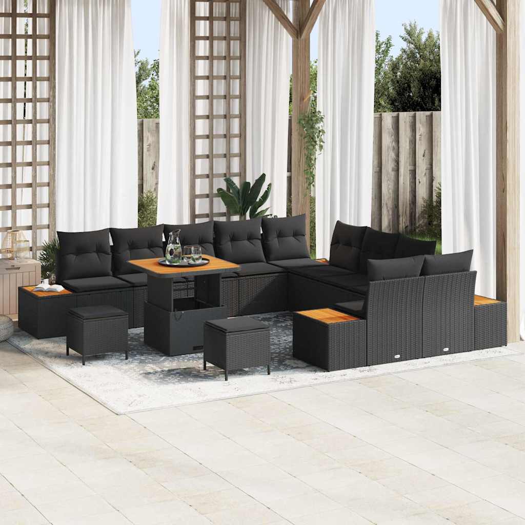 vidaXL Garten-Sofa-Set mit Kissen 13 pcs Schwarz Poly Rattan