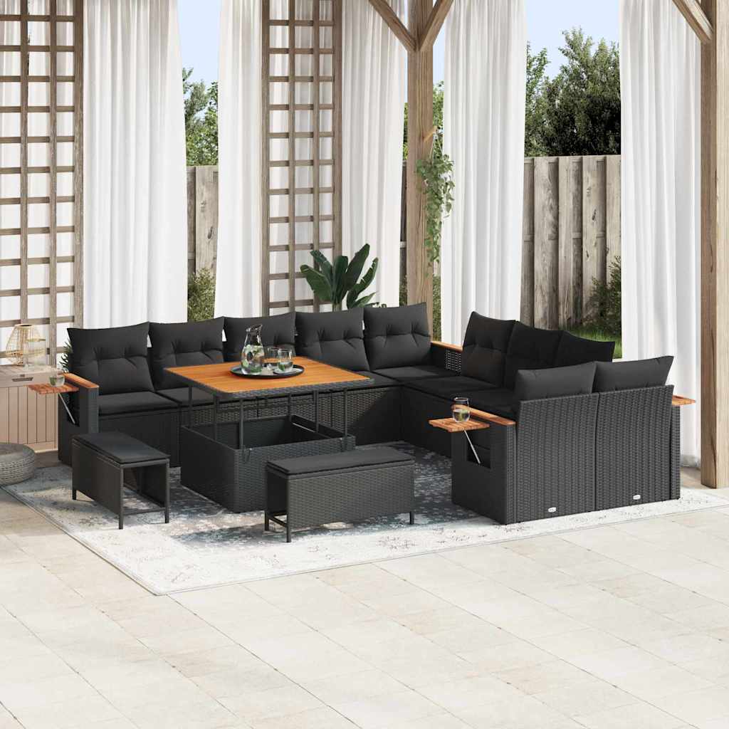 vidaXL Garten-Sofa-Set mit Kissen 13 pcs Schwarz Poly Rattan