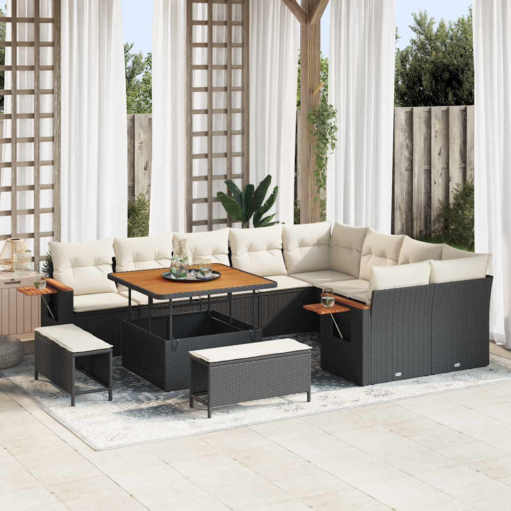 vidaXL Garten-Sofa-Set mit Kissen 12 pcs Schwarz Poly Rattan
