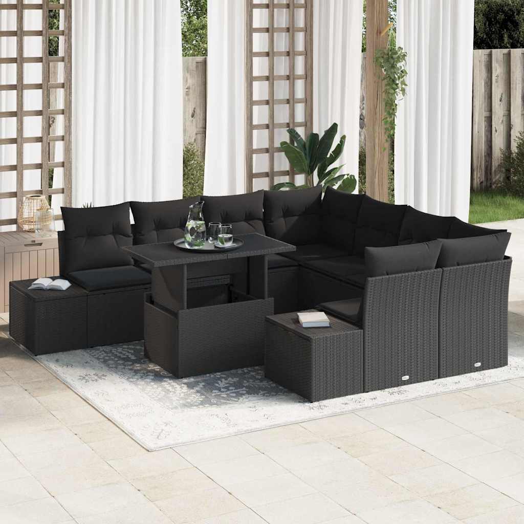 vidaXL Sofa Set mit Kissen 9 pcs Schwarz Poly-Rattan