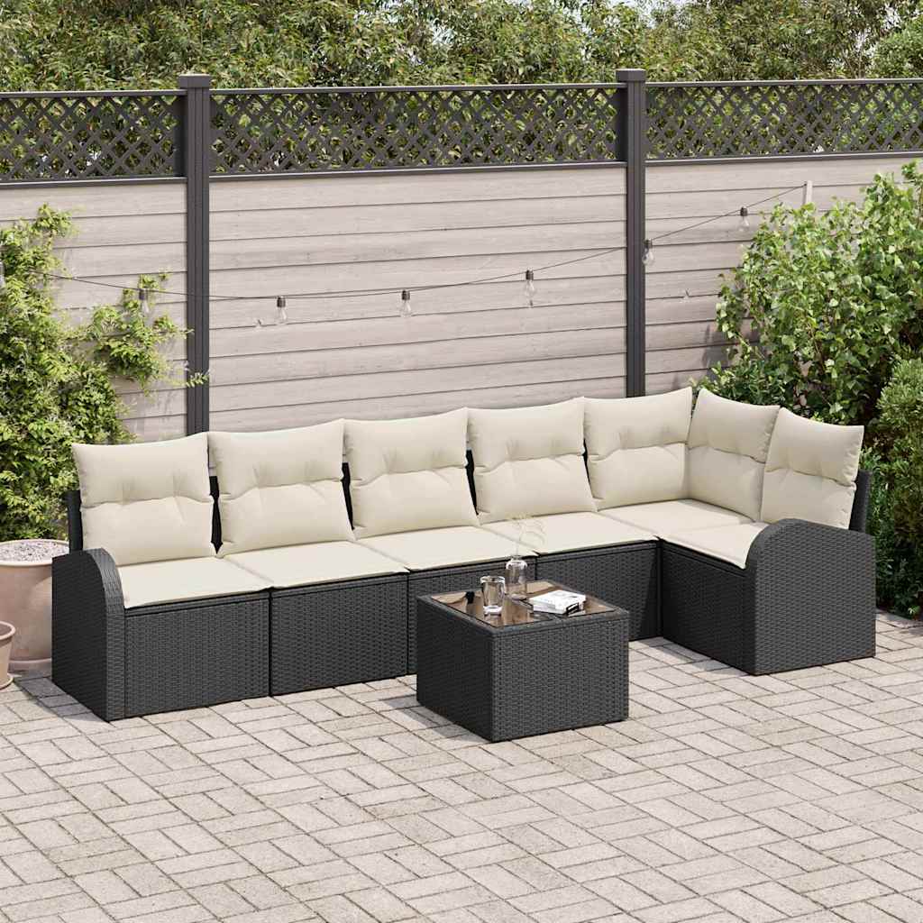 vidaXL Sofa Set mit Kissen 7 pcs Schwarz und Weiß Poly-Rattan