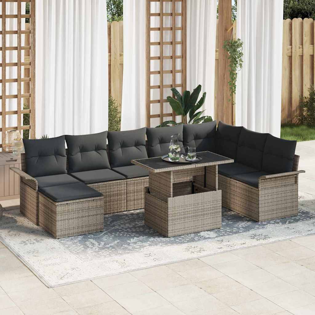 vidaXL Sofa Set mit Kissen 9 pcs Grau Poly-Rattan