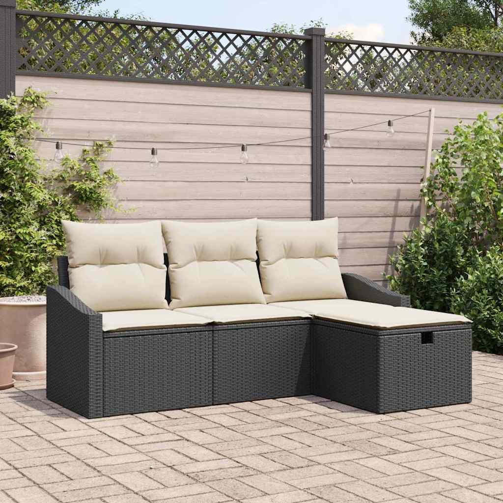 vidaXL Sofa Set mit Kissen mit Speicher 4 pcs Schwarz Poly-Rattan