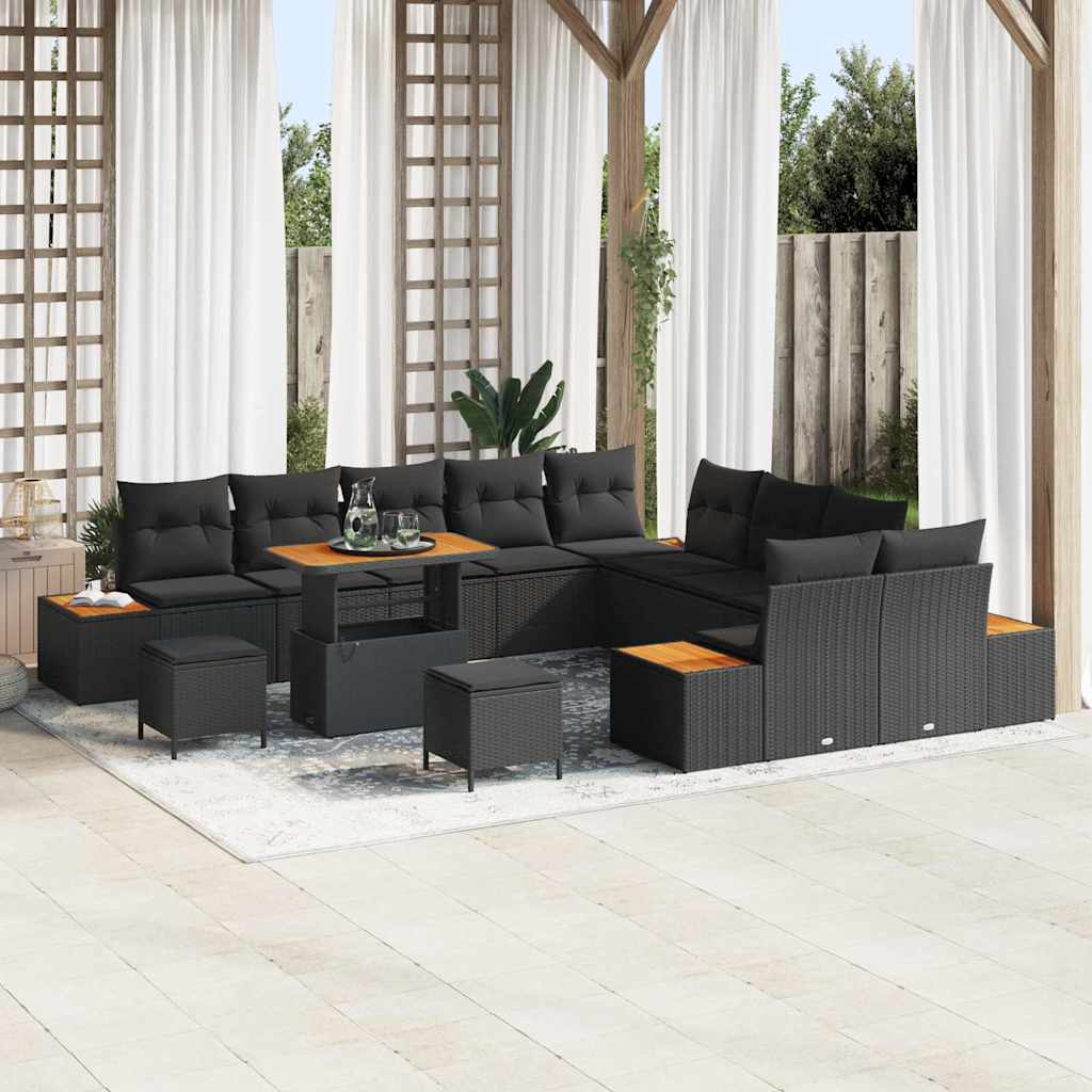 vidaXL Garten-Sofa-Set mit Kissen 13 pcs Schwarz Poly Rattan