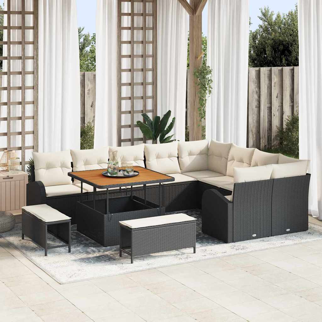 vidaXL Garten-Sofa-Set mit Kissen 12 pcs Schwarz Poly Rattan