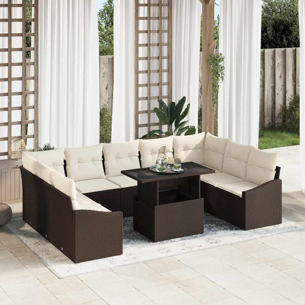 vidaXL Sofa Set mit Kissen 10 pcs Braun und Creme Poly-Rattan