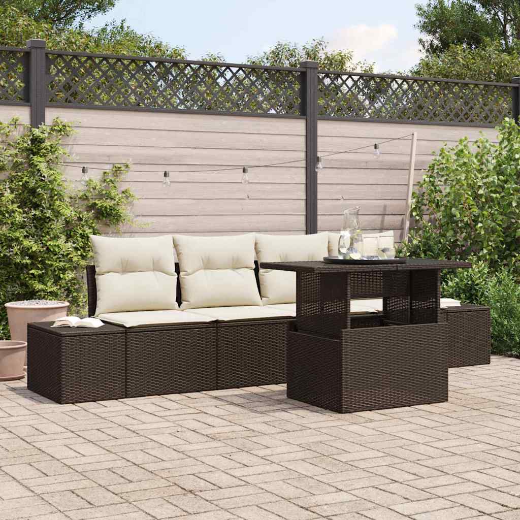 vidaXL Sofa Set mit Kissen 5 pcs Braun und Creme Poly-Rattan