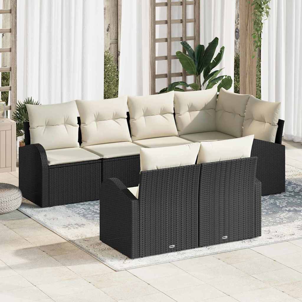 vidaXL Garten-Sofa-Set mit Kissen 7 pcs Schwarz und Weiß Poly Rattan