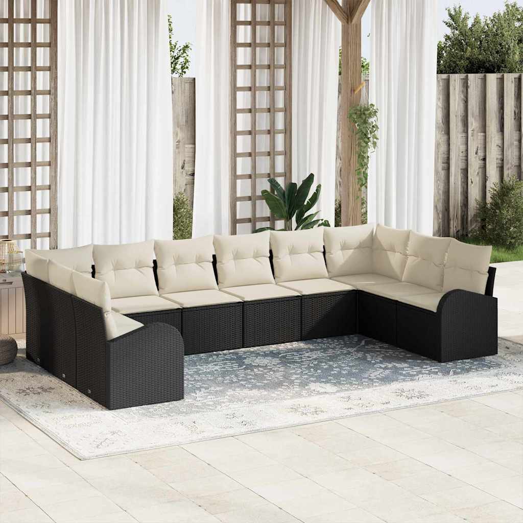 vidaXL Sofa Set mit Kissen 10 pcs Schwarz und Creme Poly-Rattan