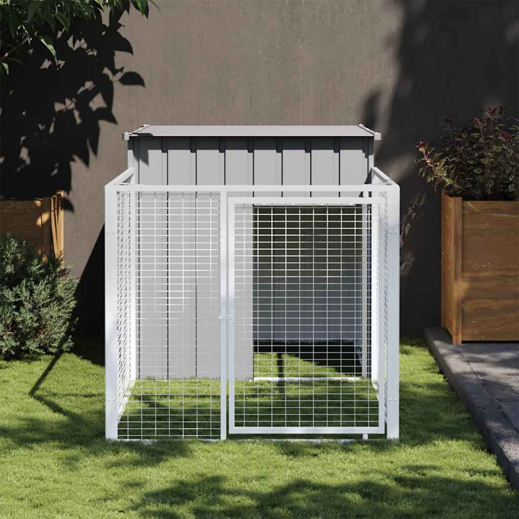 vidaXL Hundehütte mit Auslauf Hellgrau 110 x 201 x 110 cm Verzinkter Stahl