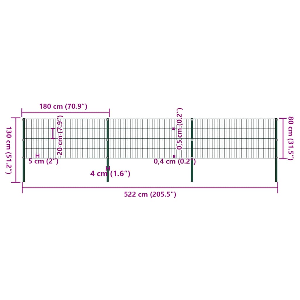 vidaXL Zaunelement mit Pfosten Eisen 522 x 80 cm Grün - Image 5