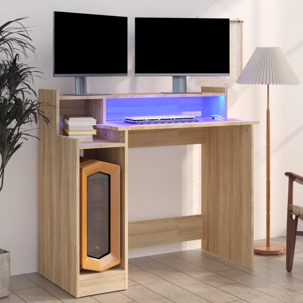 vidaXL Escritorio con LED madera contrachapada roble sonoma 97x45x90cm