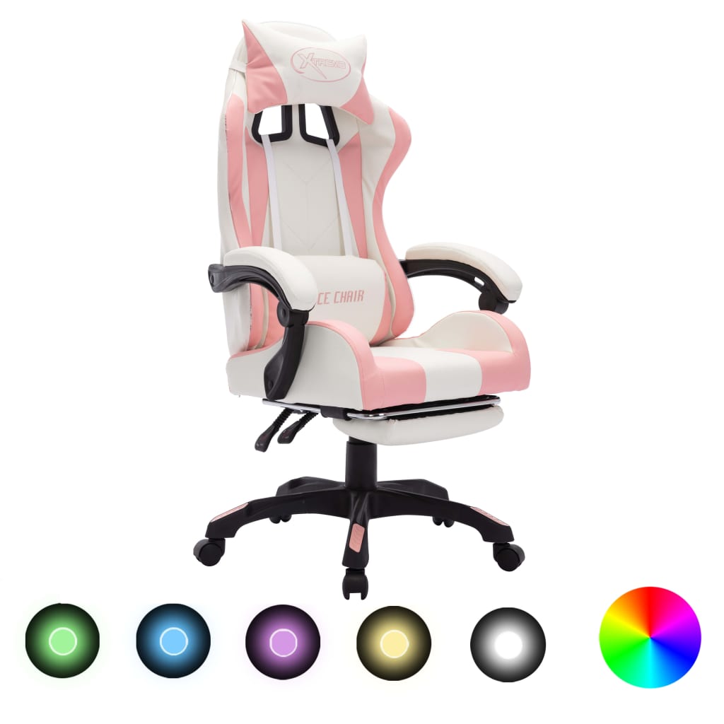 vidaXL Silla gaming con luces LED RGB cuero sintético rosa y blanco