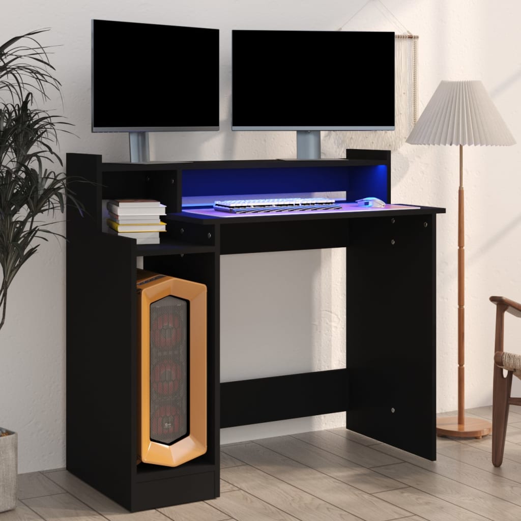 vidaXL Escritorio con luz LED madera contrachapada negro 97x45x90 cm
