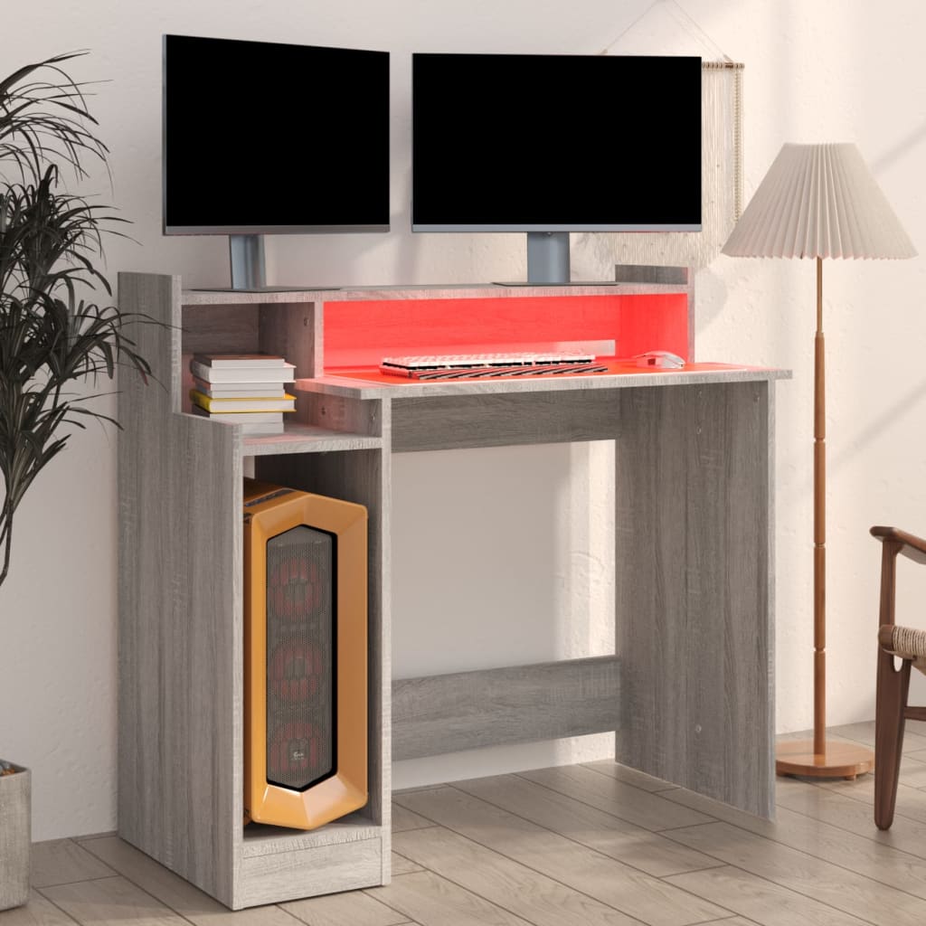 vidaXL Escritorio con LED madera contrachapada gris sonoma 97x45x90 cm - Image 4