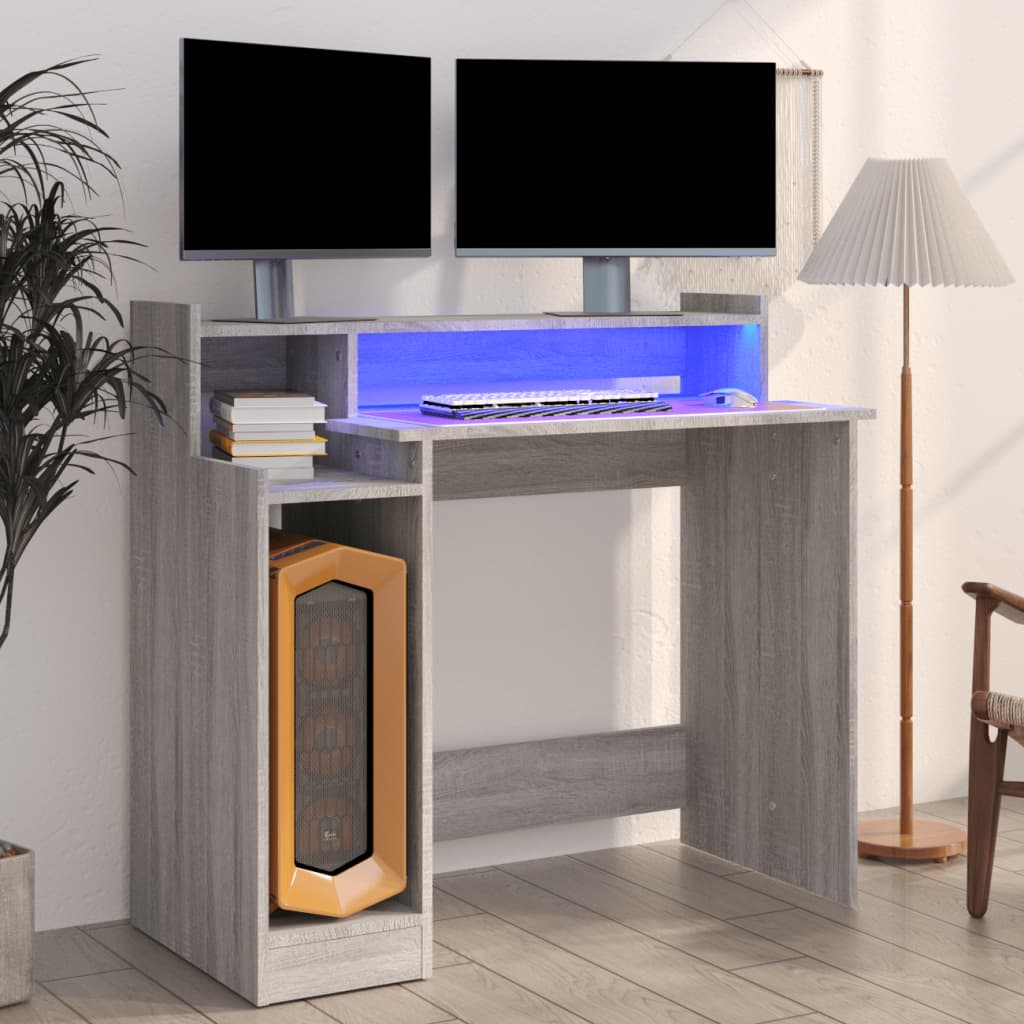 vidaXL Escritorio con LED madera contrachapada gris sonoma 97x45x90 cm