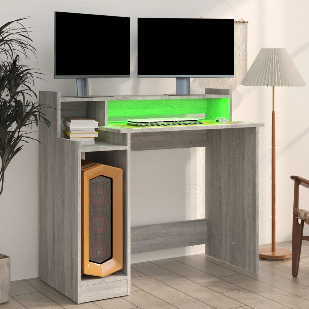 vidaXL Escritorio con LED madera contrachapada gris sonoma 97x45x90 cm - Image 5