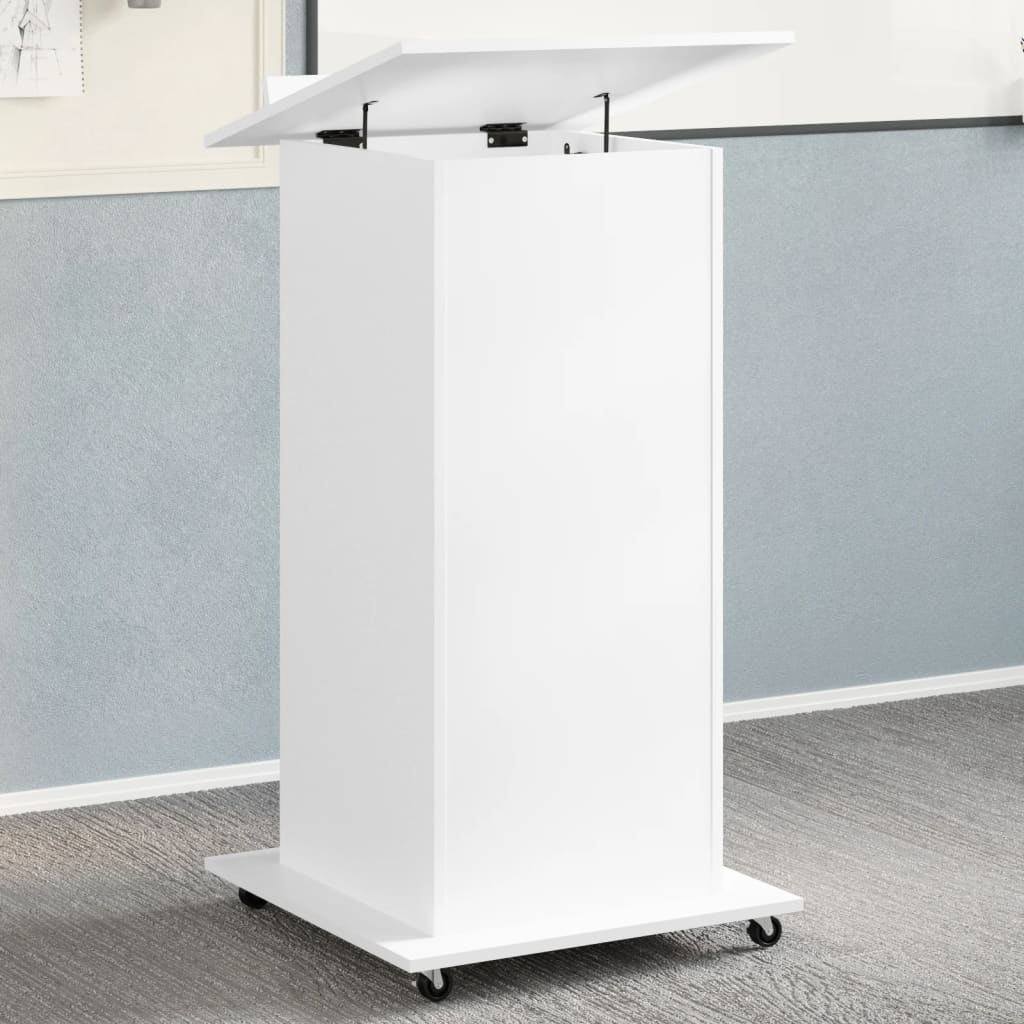 vidaXL Atril con ruedas y cajón madera ingeniería blanco 55x55x107 cm