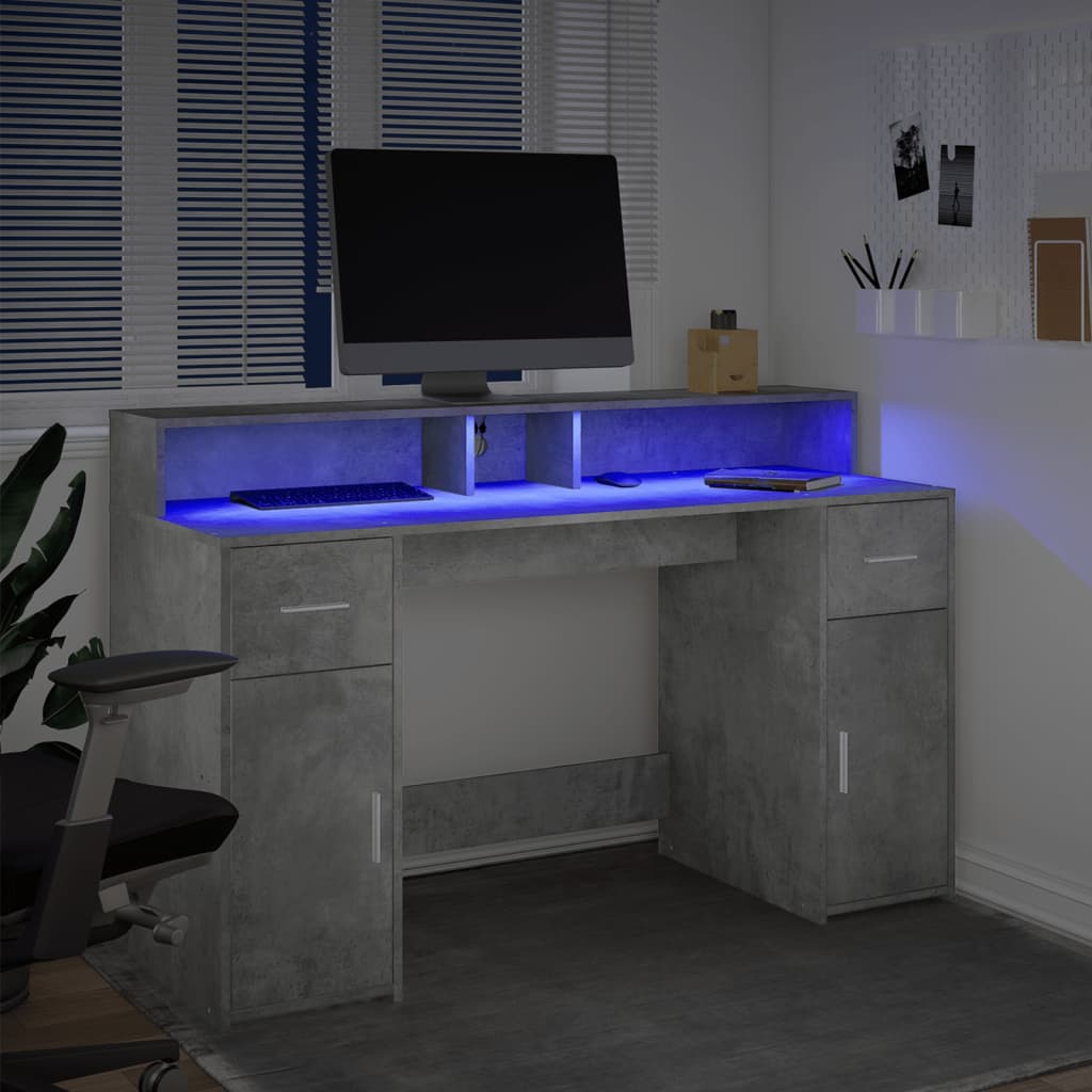 vidaXL Escritorio con LED madera ingeniería gris hormigón 140x55x91 cm - Image 5