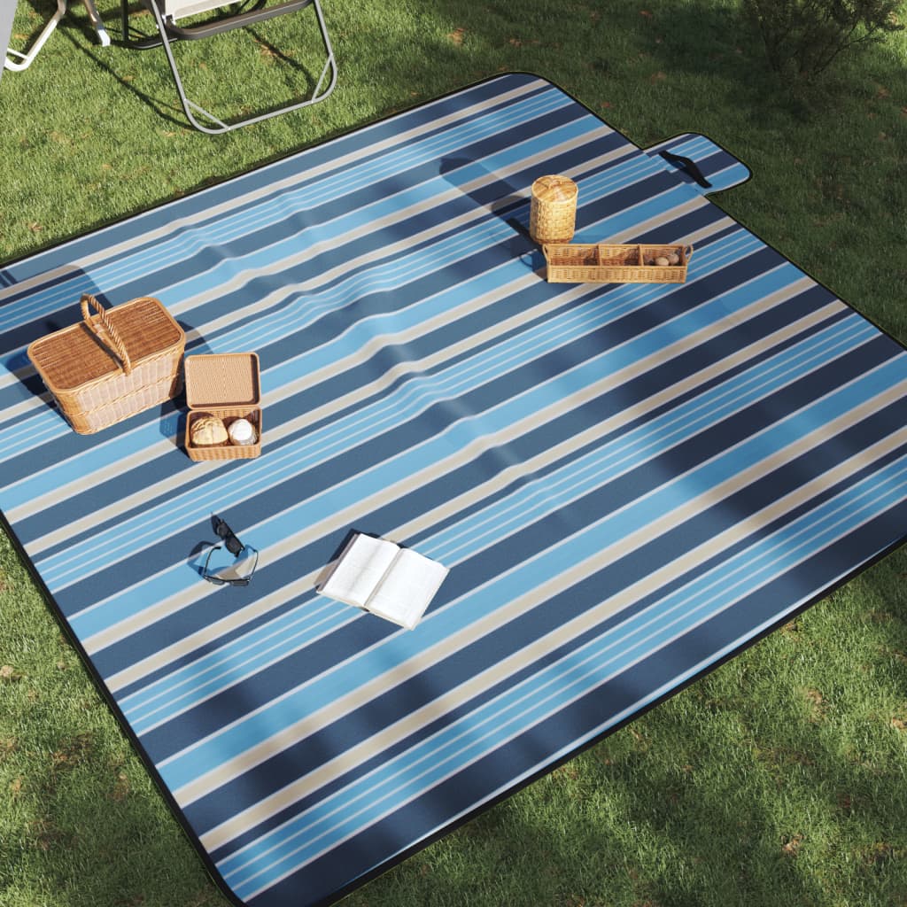 vidaXL Manta de picnic plegable terciopelo rayas azul blanco 200x200cm