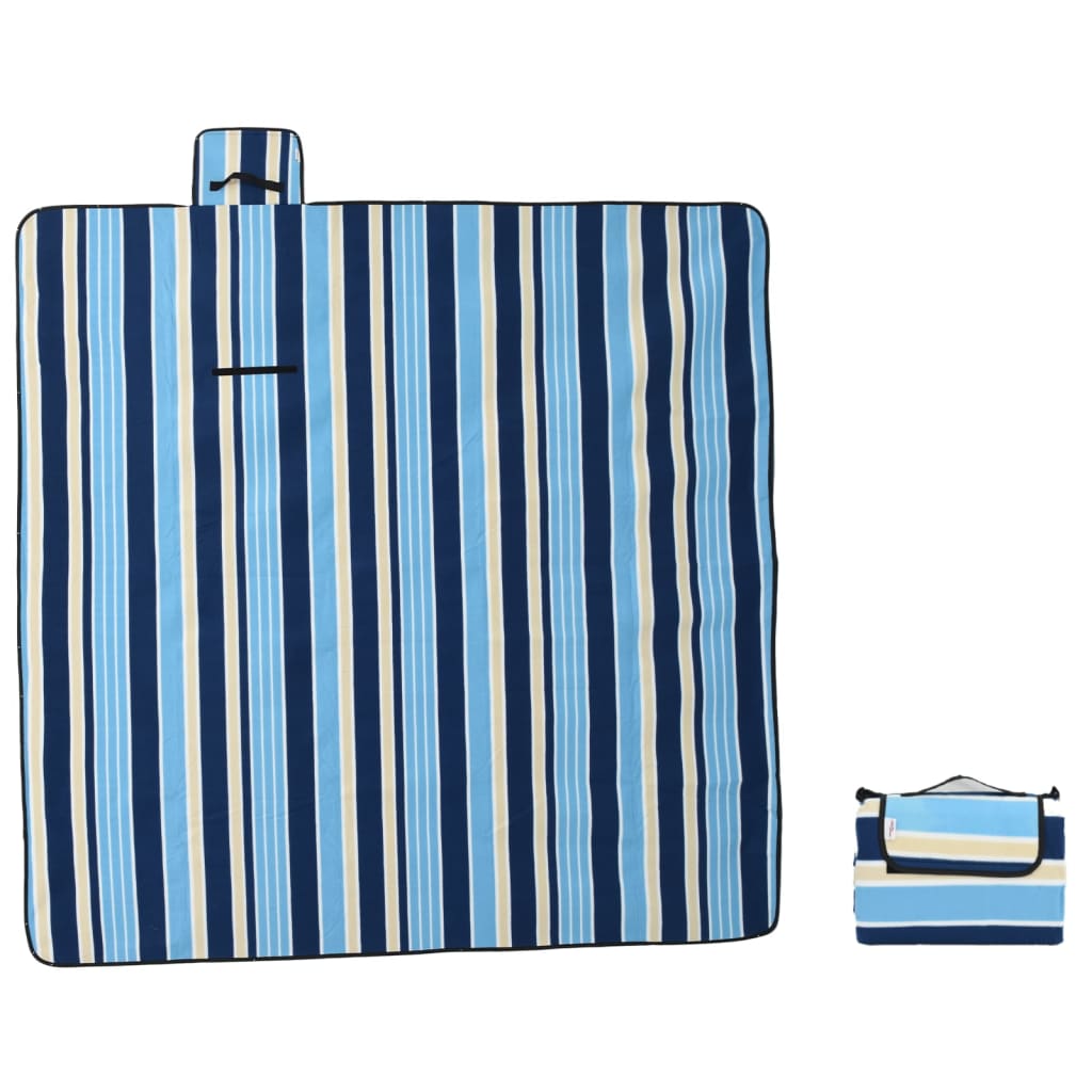 vidaXL Manta de picnic plegable terciopelo rayas azul blanco 200x200cm - Image 3