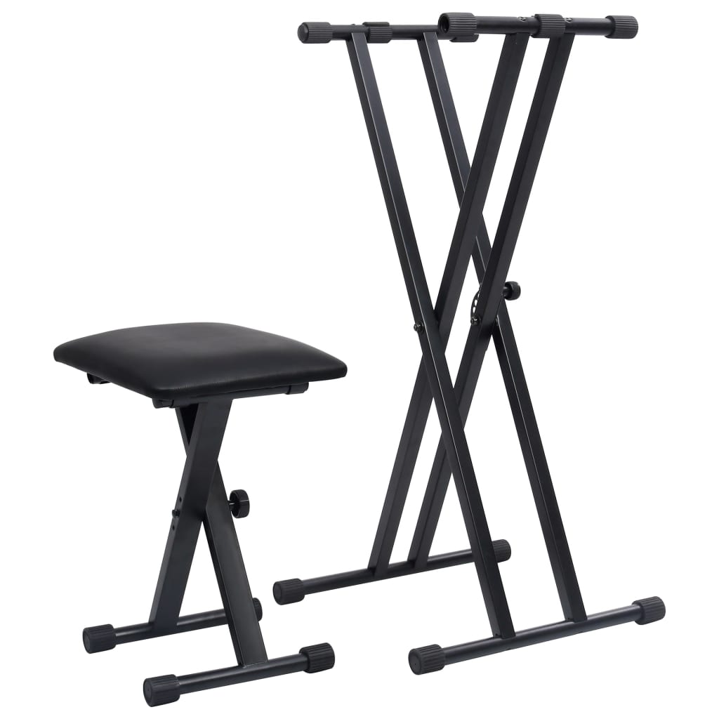 vidaXL Set de soporte para teclado con doble refuerzo y taburete negro