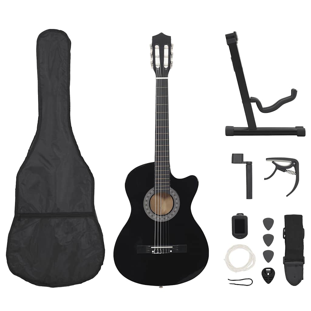 vidaXL Set de guitarra clásica occidental 12 pzas 6 cuerdas negra 38"