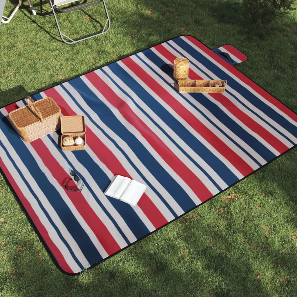vidaXL Manta de picnic plegable terciopelo rayas rojo azul 200x150 cm