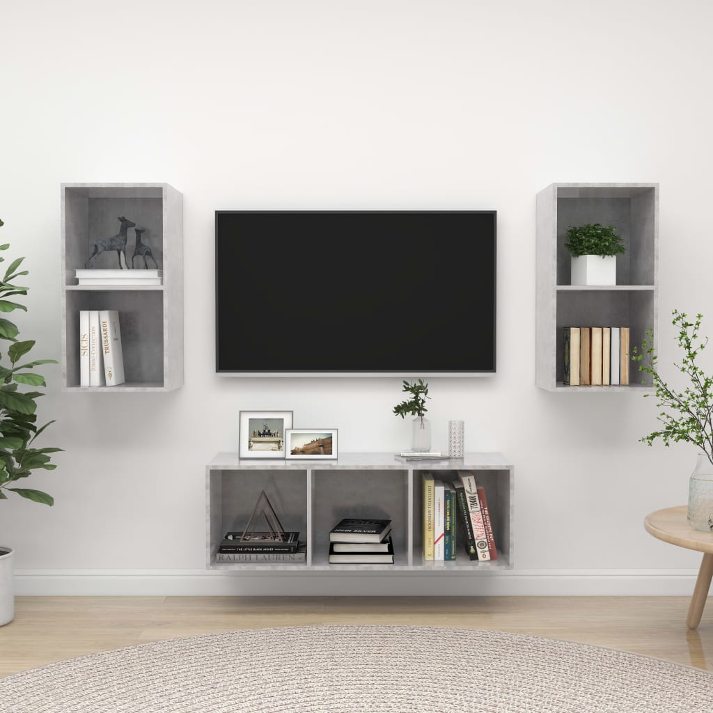 vidaXL Set de muebles de salón 3 pzas madera ingeniería gris hormigón