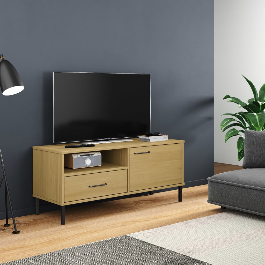 vidaXL Mueble de TV con patas de metal OSLO madera maciza pino marrón