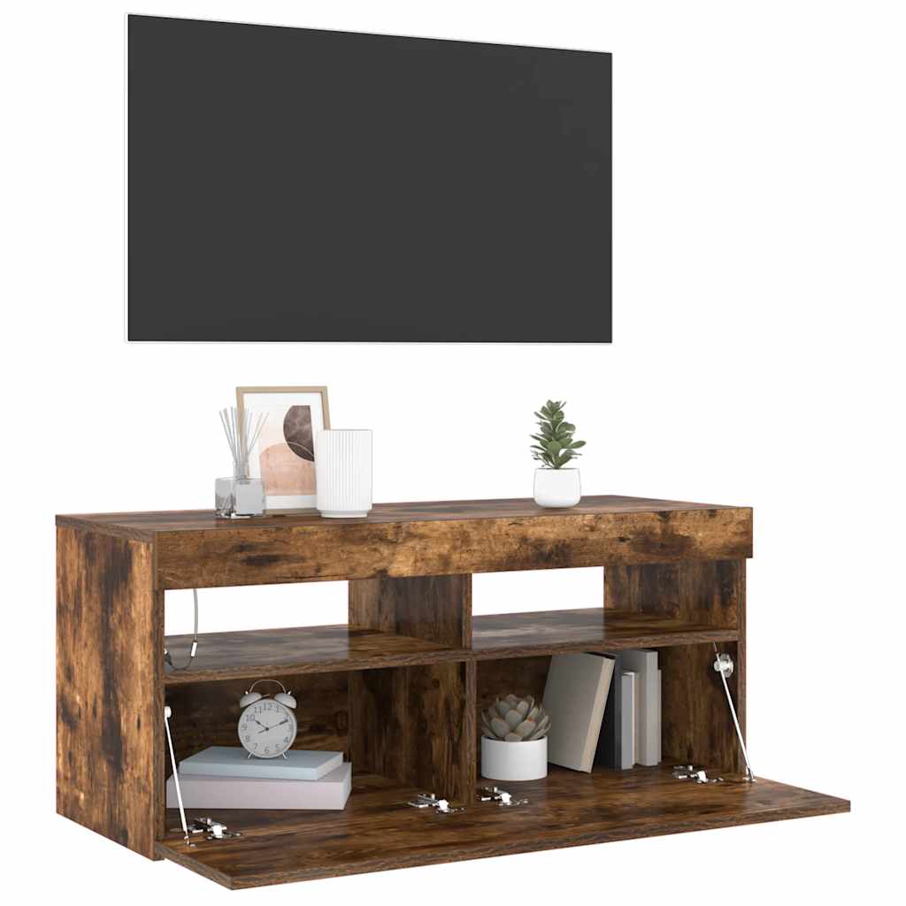 vidaXL Mueble de TV con luces LED roble ahumado 90x35x40 cm - Image 4