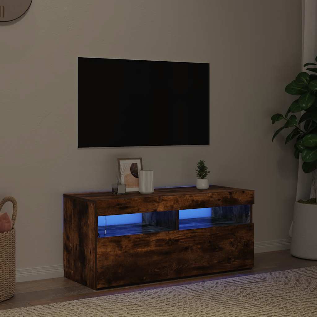 vidaXL Mueble de TV con luces LED roble ahumado 90x35x40 cm - Image 3