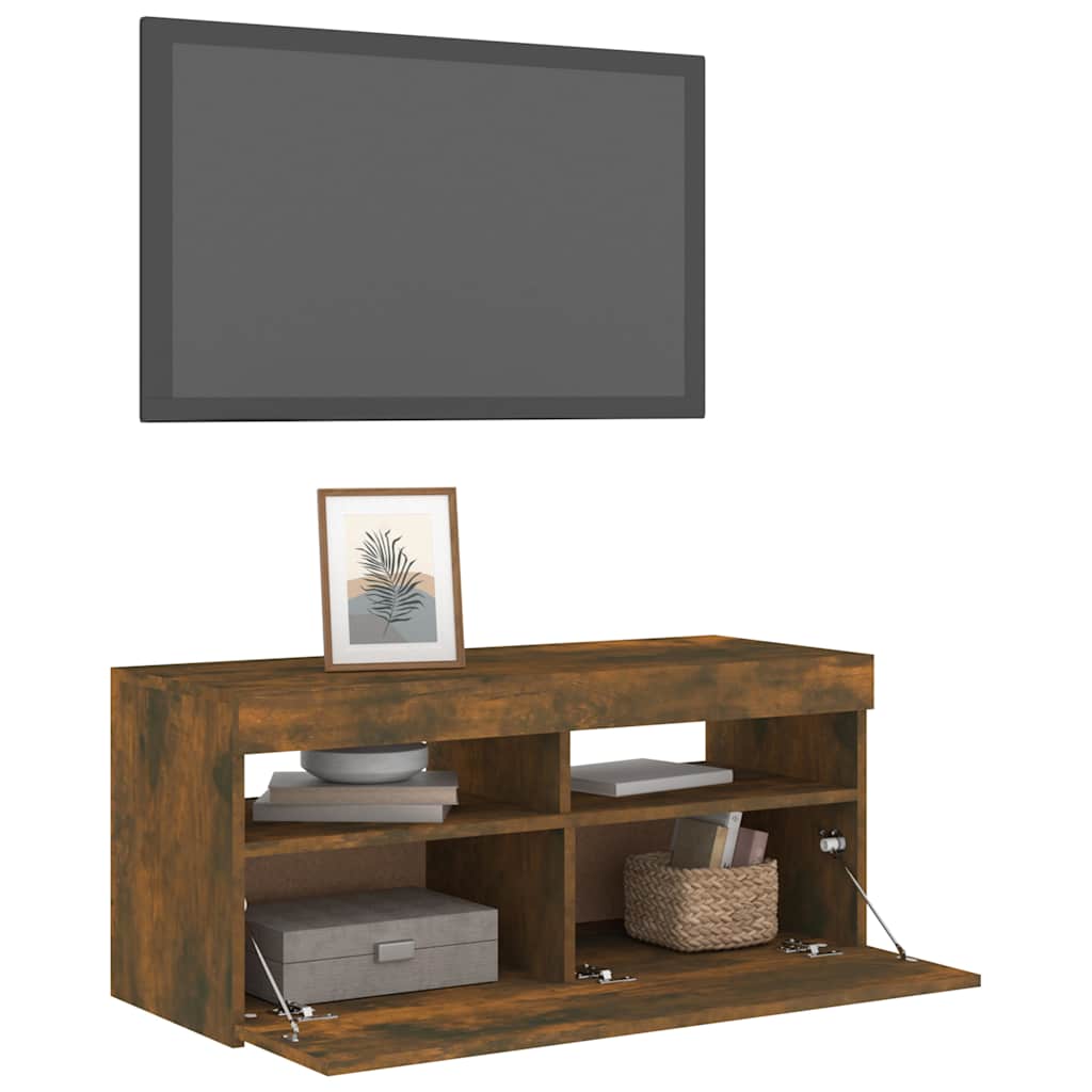 vidaXL Mueble de TV con luces LED roble ahumado 90x35x40 cm - Image 6