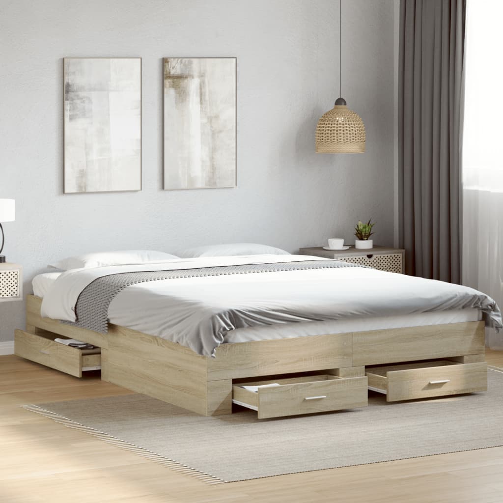 vidaXL Cama con cajones madera ingeniería roble Sonoma 150x200 cm