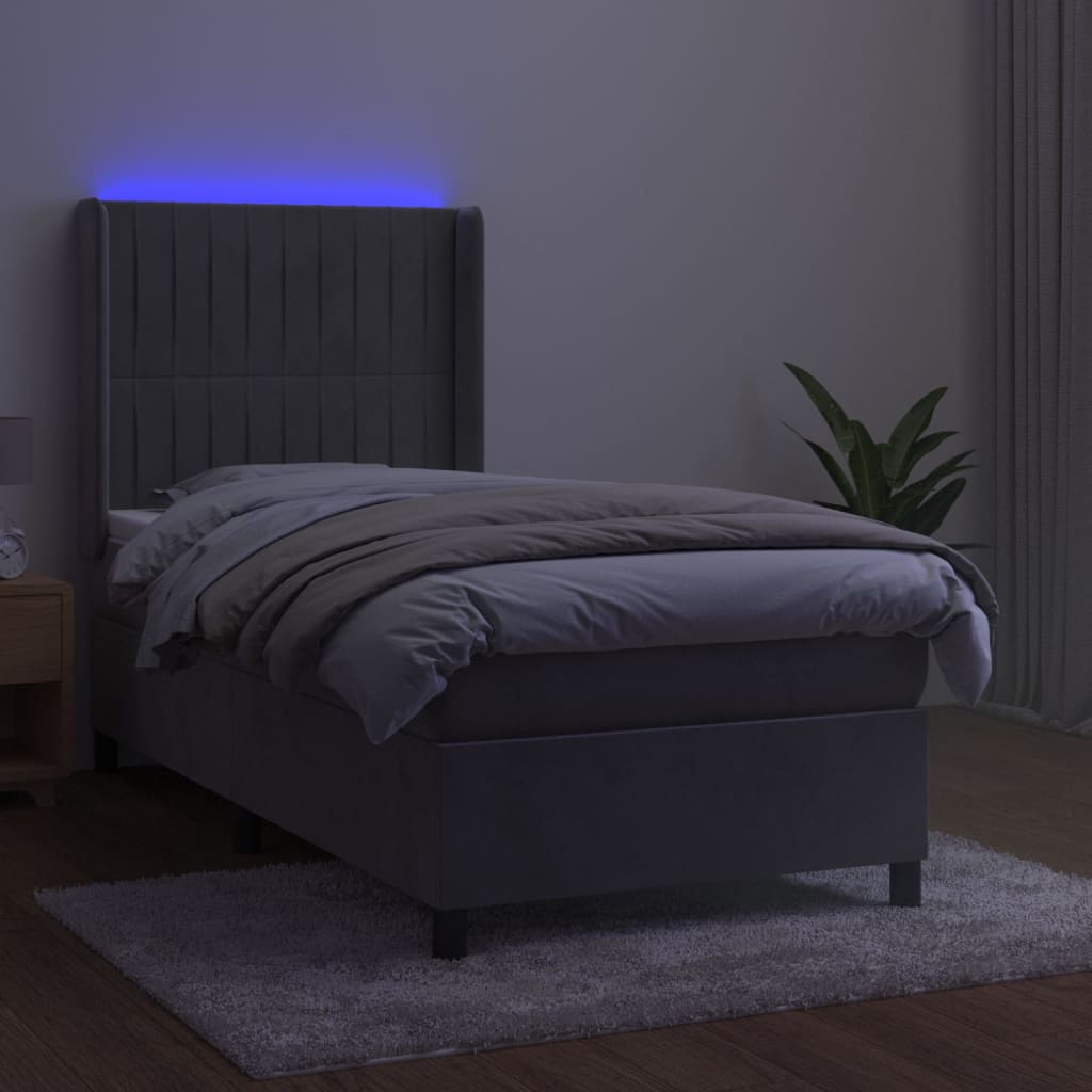 vidaXL Boxspringbett mit Matratze & LED Hellgrau 100x200 cm Samt - Image 3