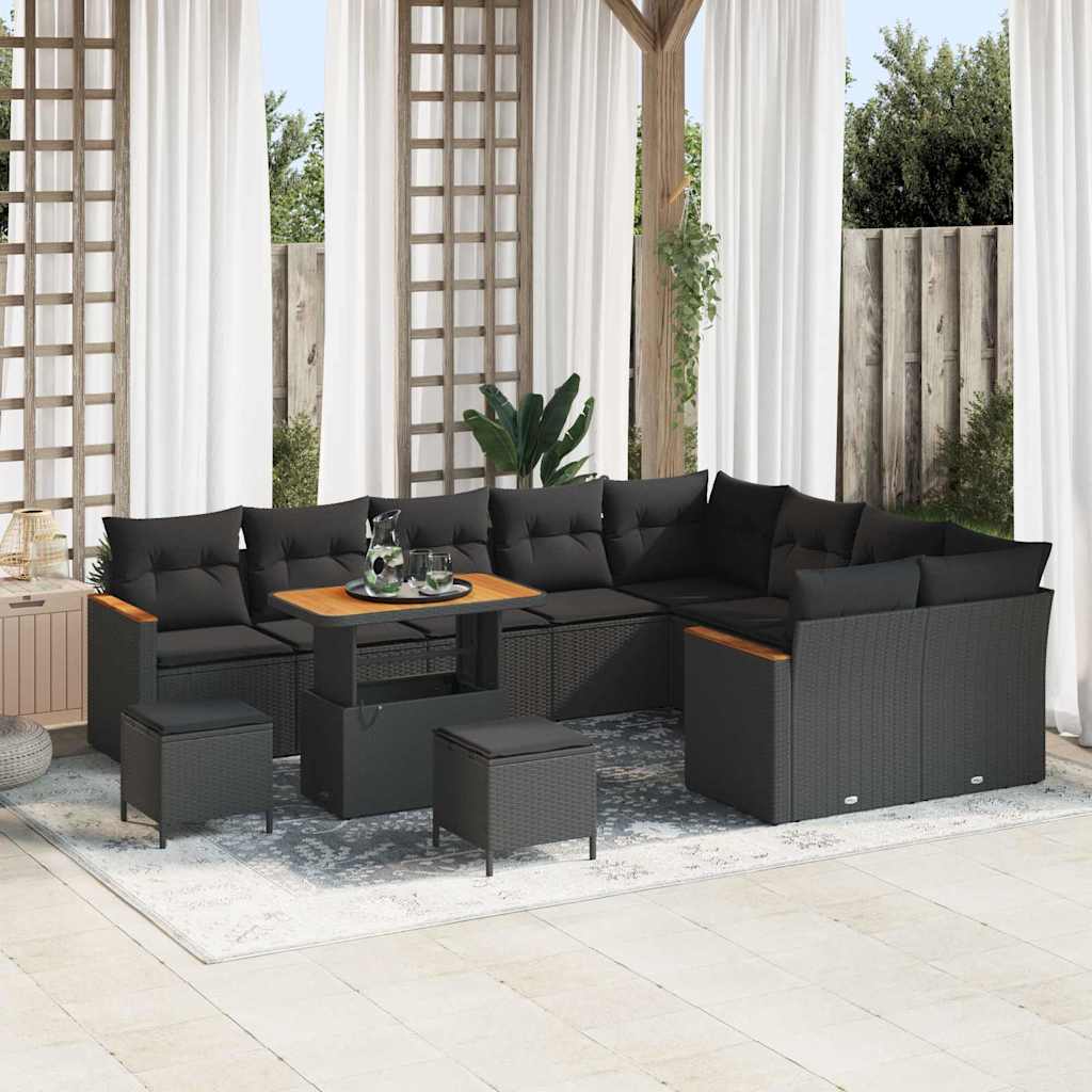 vidaXL Garten-Sofa-Set mit Kissen 12 pcs Schwarz Poly Rattan