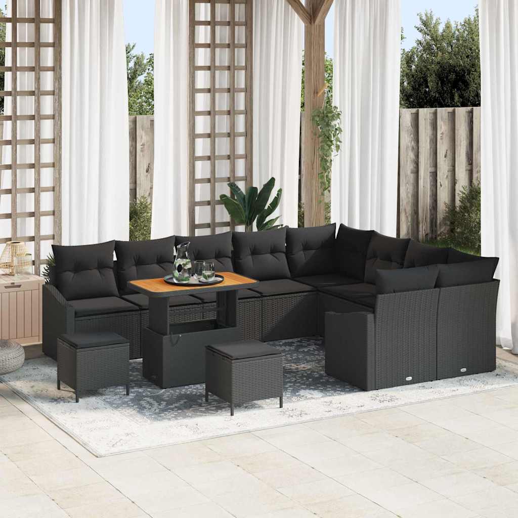 vidaXL Garten-Sofa-Set mit Kissen 12 pcs Schwarz Poly Rattan