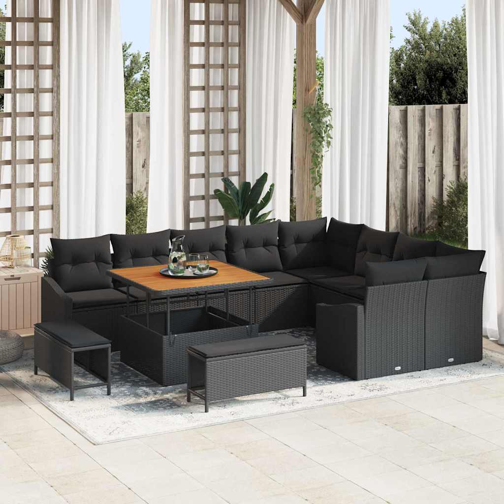 vidaXL Garten-Sofa-Set mit Kissen 12 pcs Schwarz Poly Rattan