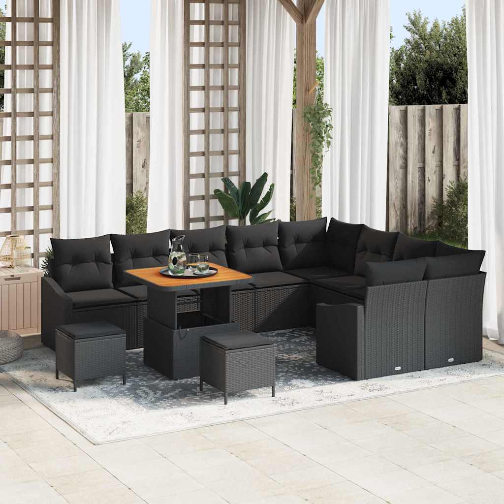 vidaXL Garten-Sofa-Set mit Kissen 12 pcs Schwarz Poly Rattan
