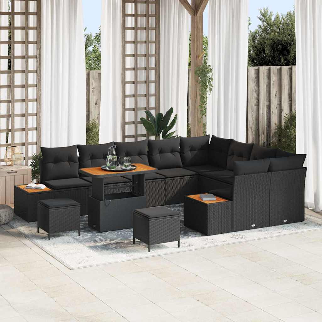 vidaXL Garten-Sofa-Set mit Kissen 12 pcs Schwarz Poly Rattan