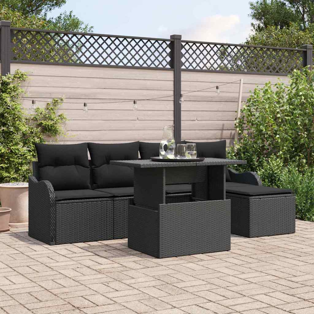 vidaXL Sitzgruppe für den Outdoor mit Kissen 6 pcs Schwarz Poly Rattan