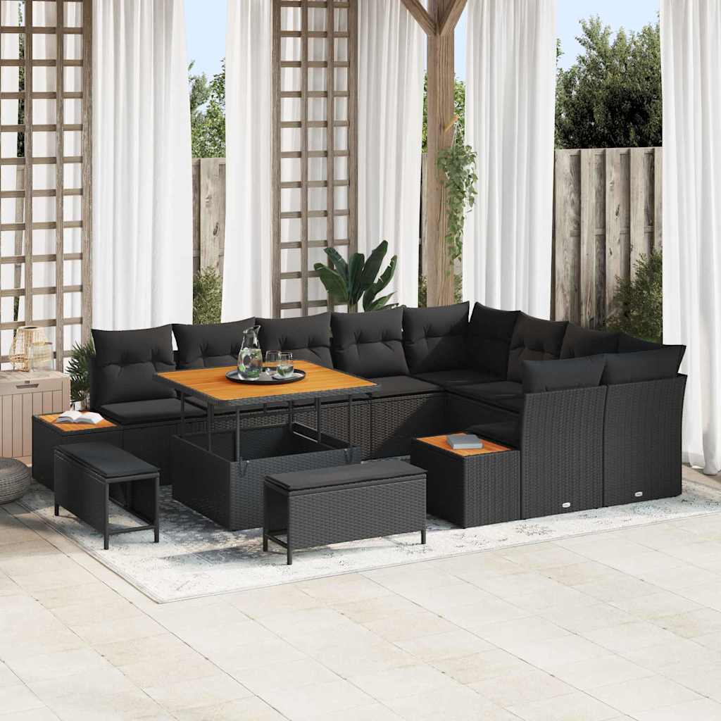 vidaXL Garten-Sofa-Set mit Kissen 12 pcs Schwarz Poly Rattan