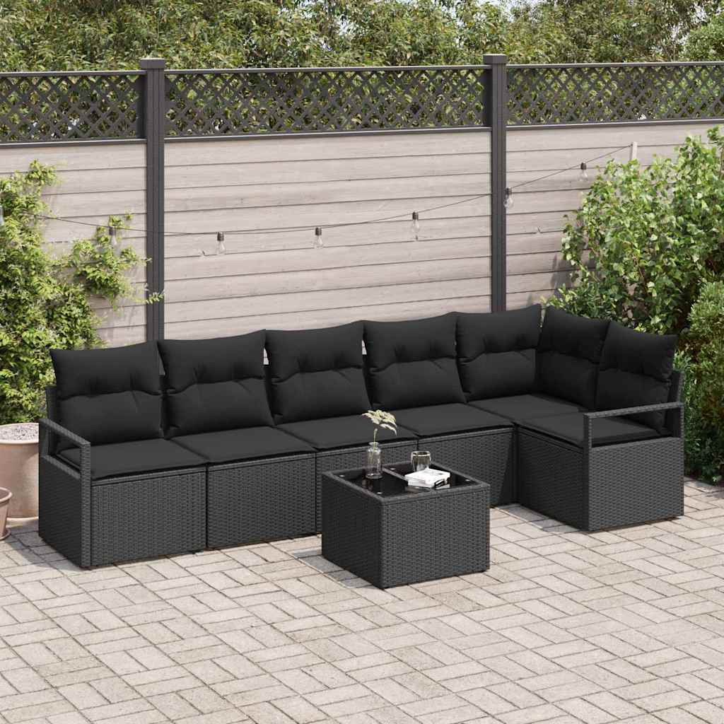 vidaXL Sofa Set mit Kissen mit Speicher 7 pcs Schwarz Poly-Rattan