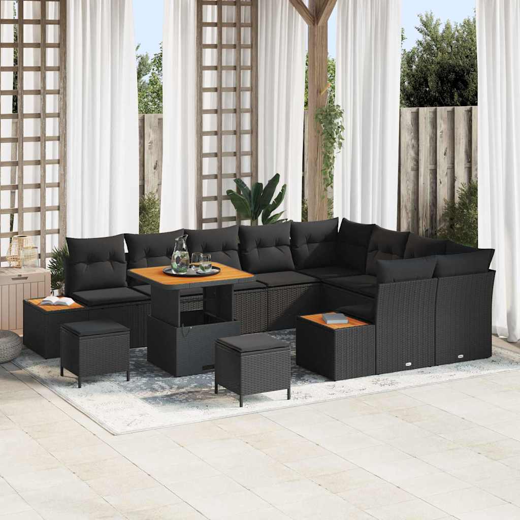 vidaXL Garten-Sofa-Set mit Kissen 12 pcs Schwarz Poly Rattan
